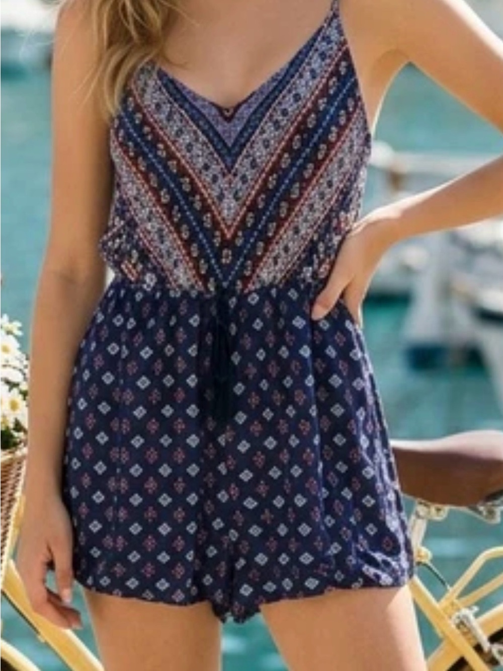 Xhilaration Navy Blue Printed Spaghetti Strap Romper